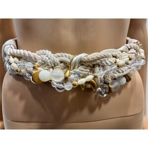 Vintage 80s Ivory Braided Rope Beaded Belt | Gold & Clear Statement Waist Cinch